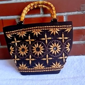 Talbots Bucket Style Purse with Bamboo Flower Embellishments & Bamboo Handles